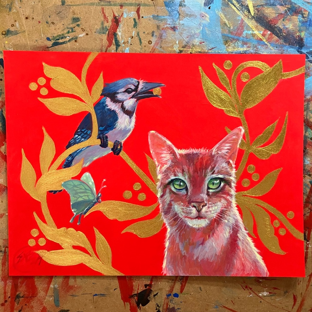 Original painting cat jay bird butterfly art surrealism home decor Artettina